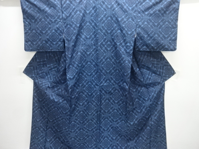 JAPANESE KIMONO / ANTIQUE ENSEMBLE KIMONO / SILK / TSUMUGI / WOVEN RHOMBUS & FLORAL CREST